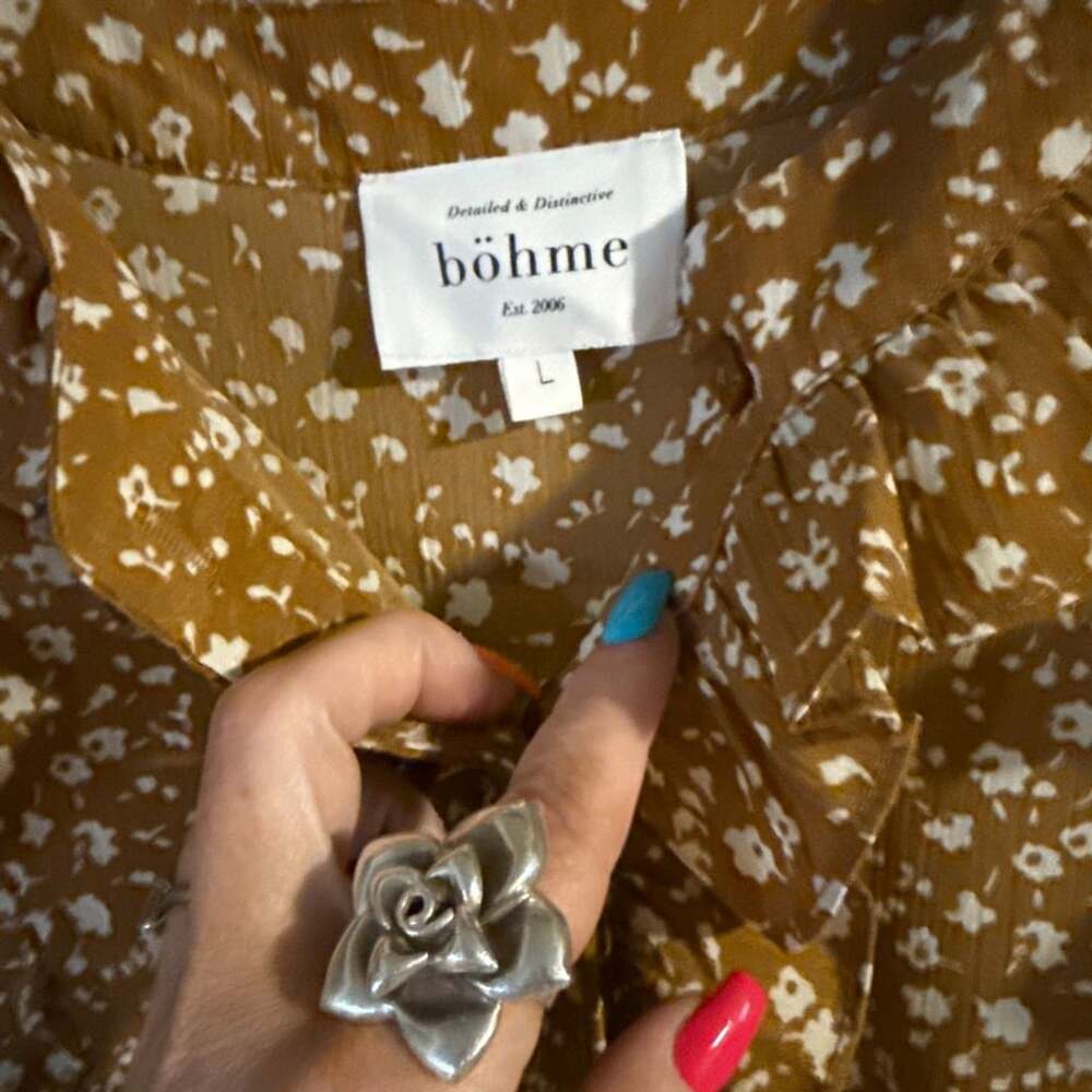 Bohme Tiered Dress Size L Mustard Yellow Floral Ruffle Long Sleeve Midi